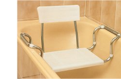 SEDILE ALLUNGABILE PER VASCA IN PLASTICA REGOLABILE CON SCHIENALE. TELAIO D'ACCIAIO CROMATO E PIANO DI SEDUTA IN MOPLEN CON 2 NERVATURE PER FISSARLO AL TELAIO.PORTATA MASSIMA 100KG - FarmaLucia