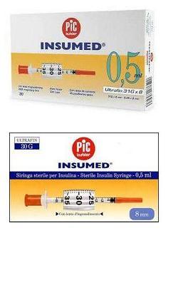 SIRINGA PER INSULINA PIC INSUMED 0,5 ML 100 UI AGO GAUGE 30 LUNGHEZZA 8 MM SENZA SPAZIO MORTO 3 SACCHETTI DA 10 PEZZI - FarmaLucia