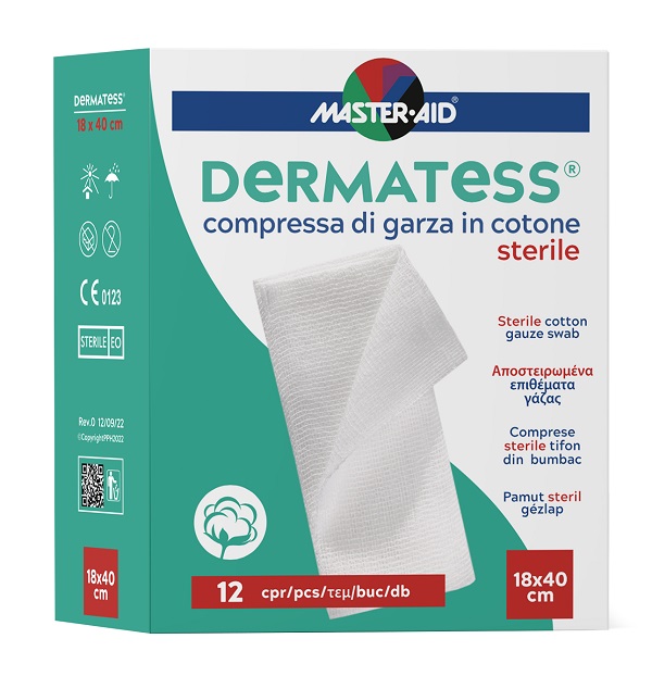 GARZA COMPRESSA MASTER-AID DERMATESS COTONE 18X40CM 12 PEZZI - FarmaLucia