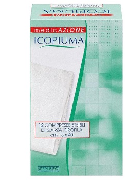 ICOPIUMA GARZA COMPRESSA IDROFILA IN COTONE PIEGATA STERILE SENZA FILO DI BARIO TITOLO 12/8 MISURA 18X40 CM IN BUSTA SINGOLA 12 PEZZI - FarmaLucia
