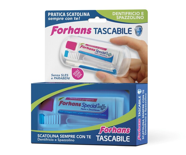 FORHANS TRAVEL KIT TASCABILE COMPOSTO DA SPAZZOLINO DA VIAGGIO + FORHANS SPECIAL PASTA DENTIFRICIA TUBETTO 12,5 ML - FarmaLucia