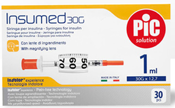 SIRINGA INSULINA PIC INSUMED 1 ML 100 UI AGO GAUGE 30 12,7 MM SENZA SPAZIO MORTO 30 PEZZI - FarmaLucia