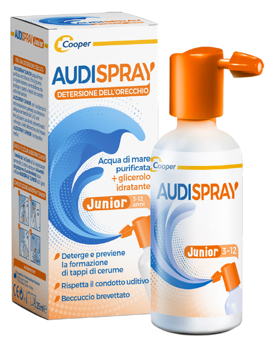 AUDISPRAY JUNIOR 3-12 ANNI SOLUZIONE DI ACQUA DI MARE IPERTONICA SPRAY SENZA GAS IGIENE ORECCHIO 25ML - FarmaLucia
