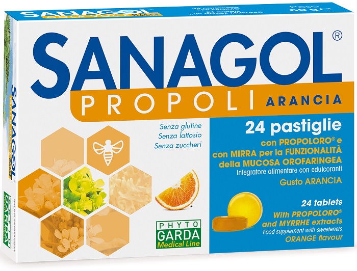 SANAGOL PROPOLI SENZA ZUCCHERO ARANCIA 24 CARAMELLE - FarmaLucia