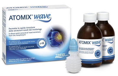 ATOMIX WAVE DISPOSITIVO PER IGIENE RINOFARINGEA ATOMIX SOLUZIONE SALINA 250 ML 2 PEZZI + TERMINALE NASALE + EROGATORE A SOFFIETTO - FarmaLucia