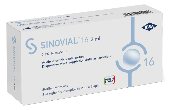 SIRINGA INTRA-ARTICOLARE SINOVIAL 16 ACIDO IALURONICO SALE SODICO 0,8% 16MG/2ML 3 SIRINGHE X 2ML + 3 AGHI - FarmaLucia