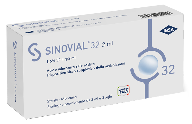 SIRINGA INTRA-ARTICOLARE SINOVIAL 32 ACIDO IALURONICO SALE SODICO 1,6% 32MG/2ML 3 SIRINGHE X 2ML + 3 AGHI - FarmaLucia