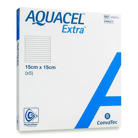 MEDICAZIONE IN TECNOLOGIA HYDROFIBER IN CARBOSSIMETILCELLULOSA SODICA E CELLULOSA RIGENERATA AQUACEL EXTRA 15X15 CM 5 PEZZI - FarmaLucia