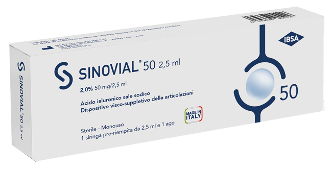 SIRINGA INTRA-ARTICOLARE SINOVIAL 50 ACIDO IALURONICO SALE SODICO 2% 50MG/2,5ML 2,5ML + AGO 21 GAUGE - FarmaLucia