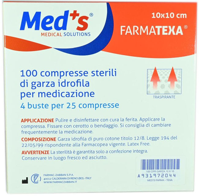 GARZA COMPRESSA IDROFILA MEDS FARMATEXA 2/8 10X10CM 100 PEZZI - FarmaLucia
