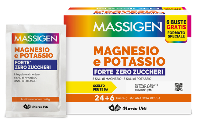 MASSIGEN MAGNESIO POTASSIO FORTE ZERO ZUCCHERO 24 BUSTINE + 6 BUSTINE - FarmaLucia