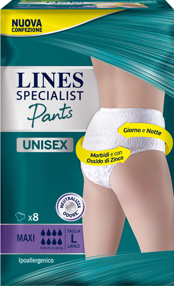 LINES SPECIALIST PANTS MAXI L X 8 PANNOLONE MUTANDINA INDOSSABILE COME NORMALE BIANCHERIA TIPO PULL-ON - FarmaLucia