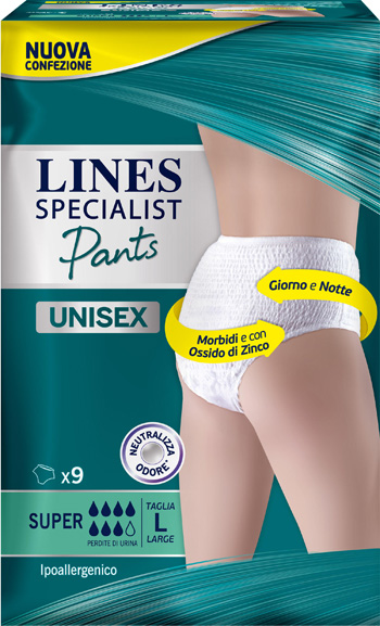LINES SPECIALIST PANTS SUPER L X 9 PANNOLONE MUTANDINA INDOSSABILE COME NORMALE BIANCHERIA TIPO PULL-ON - FarmaLucia