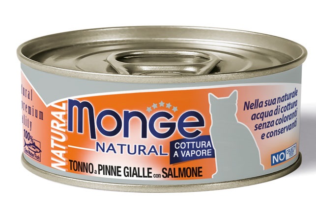 MONGE NATURAL QUALITY GATTO MONGE NATURAL TONNO PINNA GIALLA CON SALMONE 80 G - FarmaLucia