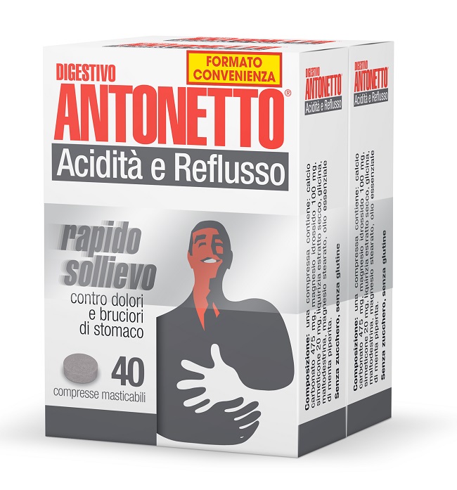 DIGESTIVO ANTONETTO ACIDITA' E REFLUSSO 80 COMPRESSE MASTICABILI 2 ASTUCCI DA 40 COMPRESSE - FarmaLucia