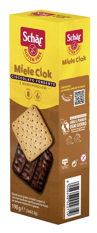 SCHAR MIELE CIOK BISCOTTI AL MIELE RICOPERTI DI CIOCCOLATO FONDENTE 3 PORZIONI DA 63,5 G - FarmaLucia