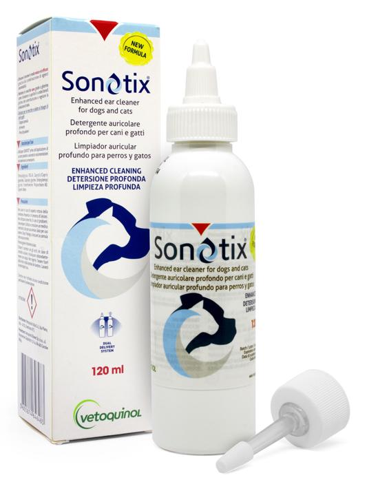 SONOTIX DETERGENTE AURICOLARE PROFONDO CANI E GATTI 120 ML + CANNULA CORTA RIGIDA + CANNULA LUNGA FLESSIBILE - FarmaLucia