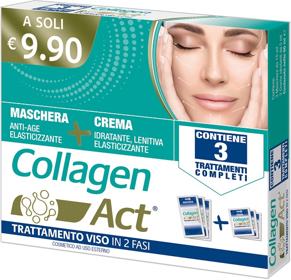COLLAGEN ACT TRATTAMENTO VISO 2 FASI MASCHERA ANTI AGE ELASTICIZZANTE 3 PEZZI DA 15 ML + CREMA IDRATANTE LENITIVA ELASTICIZZANTE 3 PEZZI DA 5 ML - FarmaLucia