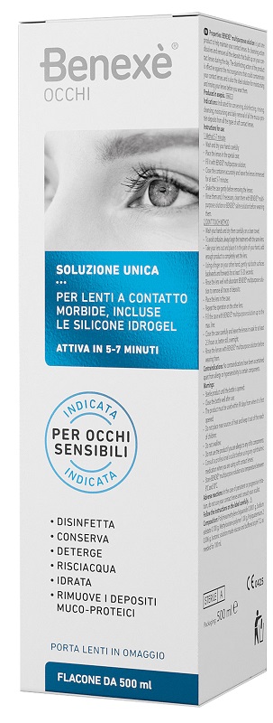 SOLUZIONE UNICA BENEXE' OCCHI PULIZIA LENTI A CONTATTO 500 ML + PORTALENTI IN OMAGGIO - FarmaLucia