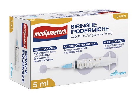SIRINGA IPODERMICA MEDIPRESTERIL AGO 23 GAUGE 1 1/4 0,5X30MM 5 ML 10 PEZZI - FarmaLucia