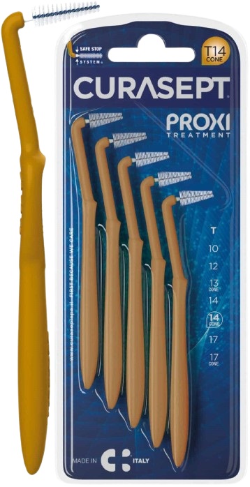 SCOVOLINO CURASEPT PROXI ANGLE MISURA T14 CONICO ISO 4 COLORE OCRA DIAMETRO 1,4 MM 5 PEZZI - FarmaLucia