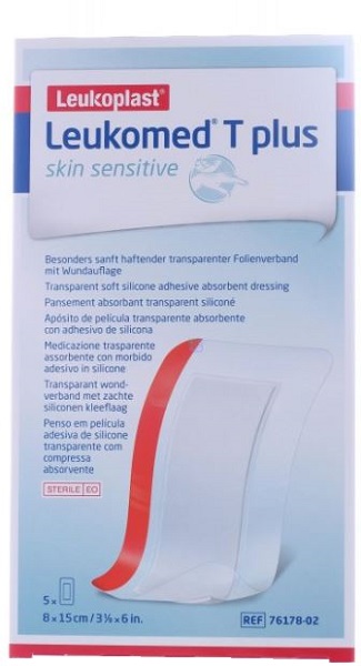 LEUKOMED T PLUS SKIN SENSITIVE MEDICAZIONE POST-OPERATORIA TRASPARENTE IMPERMEABILE CON MASSA ADESIVA AL SILICONE 8X15CM 5 PEZZI - FarmaLucia