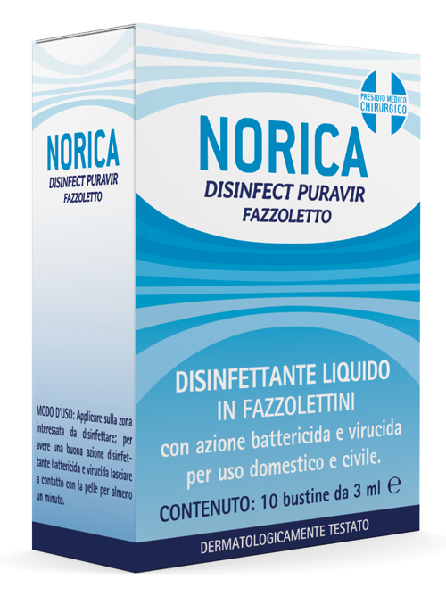 NORICA DISINFECT PURAVIR FAZZOLETTO 10 BUSTINE DA 3 ML - FarmaLucia