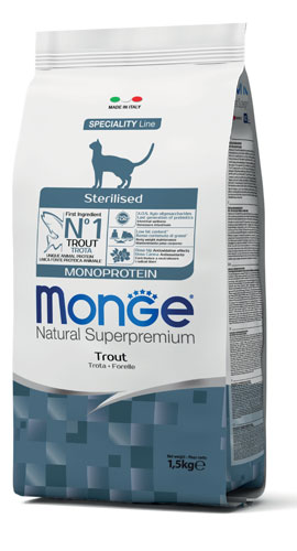 MONGE CAT STERILIZED MONOPROTEIN TROTA 1,5 KG - FarmaLucia