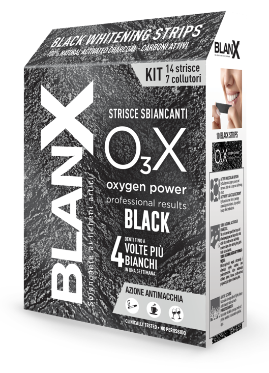 BLANX O3X BLACK STRISCE SBIANCANTI E ANTIMACCHIA 14 PEZZI - FarmaLucia