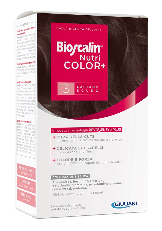 BIOSCALIN NUTRICOLOR PLUS 3 CASTANO SCURO CREMA COLORANTE 40 ML + RIVELATORE CREMA 60 ML + SHAMPOO 12 ML + TRATTAMENTO FINALE BALSAMO 12 ML - FarmaLucia