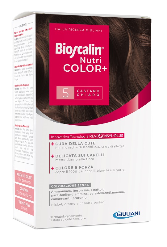 BIOSCALIN NUTRICOLOR PLUS 5 CASTANO CHIARO CREMA COLORANTE 40 ML + RIVELATORE CREMA 60 ML + SHAMPOO 12 ML + TRATTAMENTO FINALE BALSAMO 12 ML - FarmaLucia