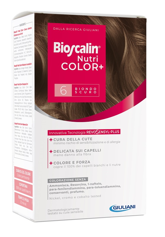 BIOSCALIN NUTRICOLOR PLUS 6 BIONDO SCURO CREMA COLORANTE 40 ML + RIVELATORE CREMA 60 ML + SHAMPOO 12 ML + TRATTAMENTO FINALE BALSAMO 12 ML - FarmaLucia