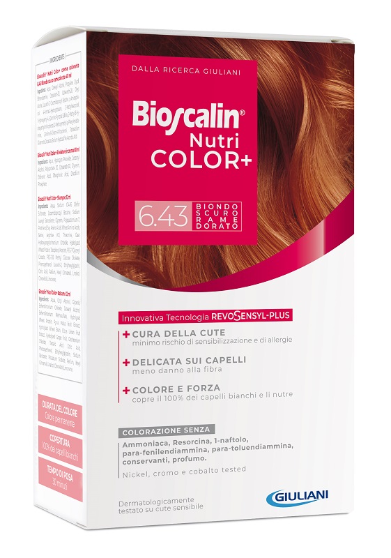 BIOSCALIN NUTRICOLOR PLUS 6,43 BIONDO SCURO RAME DORATO CREMA COLORANTE 40 ML + RIVELATORE CREMA 60 ML + SHAMPOO 12 ML + TRATTAMENTO FINALE BALSAMO 12 ML - FarmaLucia