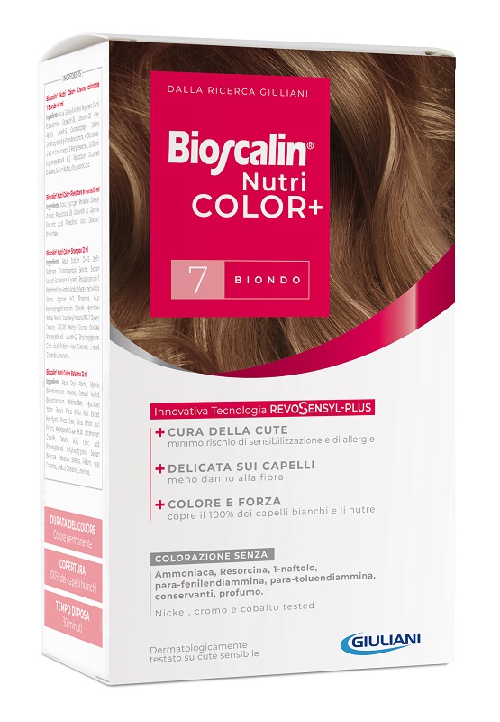 BIOSCALIN NUTRICOLOR PLUS 7 BIONDO CREMA COLORANTE 40 ML + RIVELATORE CREMA 60 ML + SHAMPOO 12 ML + TRATTAMENTO FINALE BALSAMO 12 ML - FarmaLucia