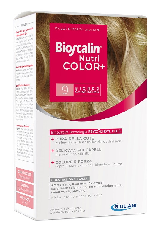 BIOSCALIN NUTRICOLOR PLUS 9 BIONDO CHIARISSIMO CREMA COLORANTE 40 ML + RIVELATORE CREMA 60 ML + SHAMPOO 12 ML + TRATTAMENTO FINALE BALSAMO 12 ML - FarmaLucia