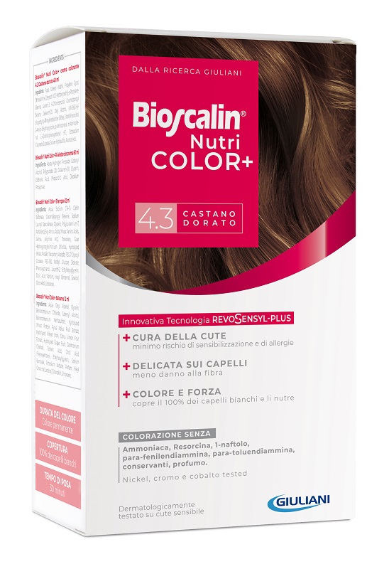 BIOSCALIN NUTRICOLOR PLUS 4,3 CASTANO DORATO CREMA COLORANTE 40 ML + RIVELATORE CREMA 60 ML + SHAMPOO 12 ML + TRATTAMENTO FINALE BALSAMO 12 ML - FarmaLucia