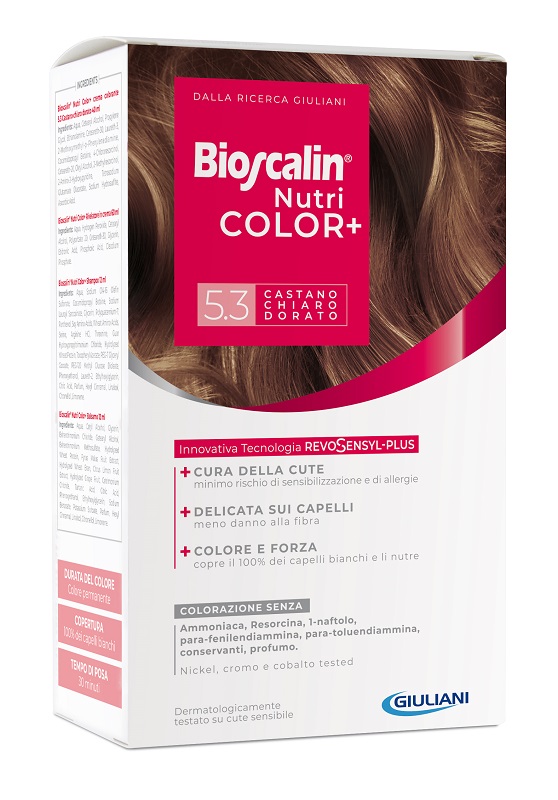 BIOSCALIN NUTRICOLOR PLUS 5,3 CASTANO CHIARO DORATO CREMA COLORANTE 40 ML + RIVELATORE CREMA 60 ML + SHAMPOO 12 ML + TRATTAMENTO FINALE BALSAMO 12 ML - FarmaLucia
