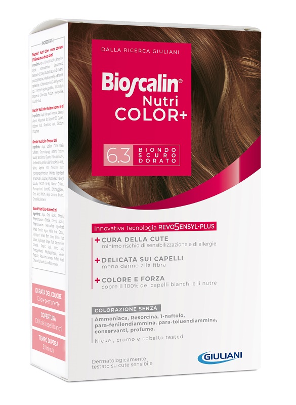BIOSCALIN NUTRICOLOR PLUS 6,3 BIONDO SCURO DORATO CREMA COLORANTE 40 ML + RIVELATORE CREMA 60 ML + SHAMPOO 12 ML + TRATTAMENTO FINALE BALSAMO 12 ML - FarmaLucia