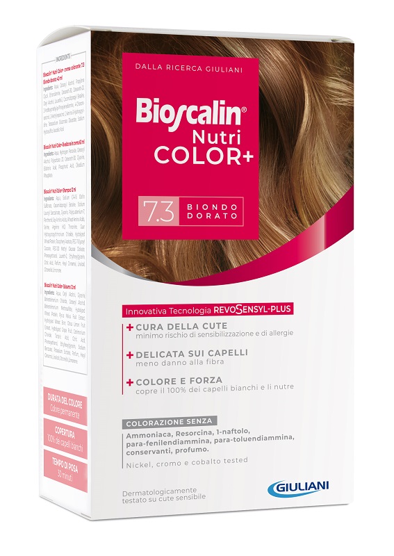 BIOSCALIN NUTRICOLOR PLUS 7,3 BIONDO DORATO CREMA COLORANTE 40 ML + RIVELATORE CREMA 60 ML + SHAMPOO 12 ML + TRATTAMENTO FINALE BALSAMO 12 ML - FarmaLucia