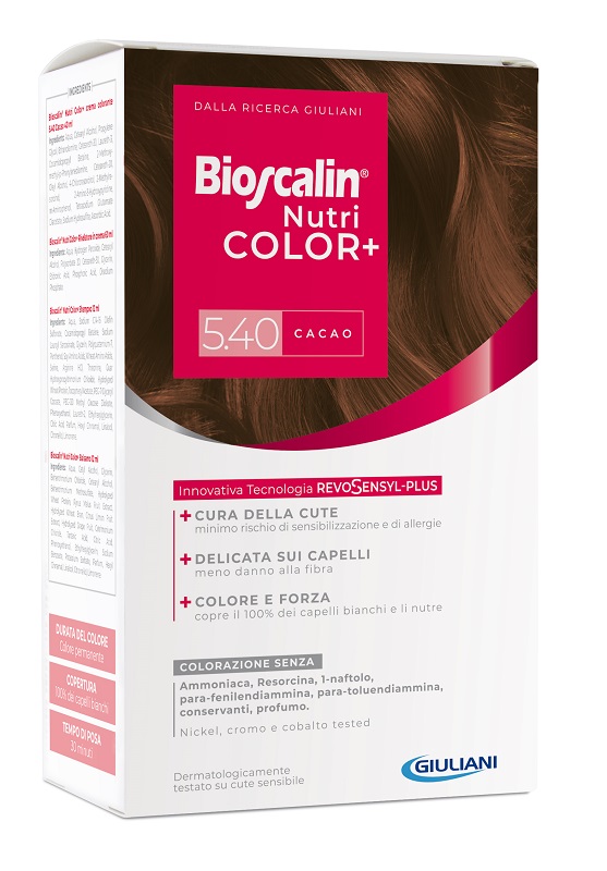 BIOSCALIN NUTRICOLOR PLUS 5,40 CACAO CREMA COLORANTE 40 ML + RIVELATORE CREMA 60 ML + SHAMPOO 12 ML + TRATTAMENTO FINALE BALSAMO 12 ML - FarmaLucia