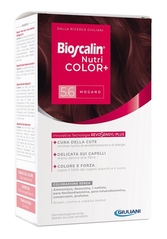BIOSCALIN NUTRICOLOR PLUS 5,6 MOGANO CREMA COLORANTE 40 ML + RIVELATORE CREMA 60 ML + SHAMPOO 12 ML + TRATTAMENTO FINALE BALSAMO 12 ML - FarmaLucia