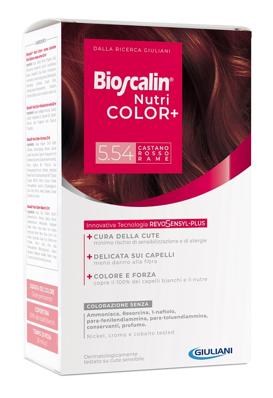 BIOSCALIN NUTRICOLOR PLUS 5,54 CASTANO ROSSO RAME CREMA COLORANTE 40 ML + RIVELATORE CREMA 60 ML + SHAMPOO 12 ML + TRATTAMENTO FINALE BALSAMO 12 ML - FarmaLucia