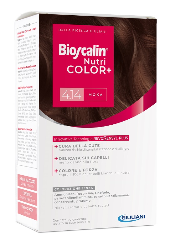 BIOSCALIN NUTRICOLOR PLUS 4,14 MOKA CREMA COLORANTE 40 ML + RIVELATORE CREMA 60 ML + SHAMPOO 12 ML + TRATTAMENTO FINALE BALSAMO 12 ML - FarmaLucia