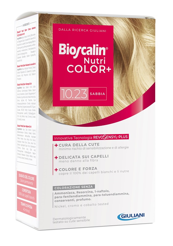 BIOSCALIN NUTRICOLOR PLUS 10,23 SABBIA CREMA COLORANTE 40 ML + RIVELATORE CREMA 60 ML + SHAMPOO 12 ML + TRATTAMENTO FINALE BALSAMO 12 ML - FarmaLucia