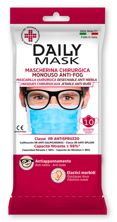 MASCHERINA CHIRURGICA MONOUSO ANTI-FOG DAILY MASK TIPO IIR TRE TNT STRATI ANTISPRUZZO 10 PEZZI - FarmaLucia