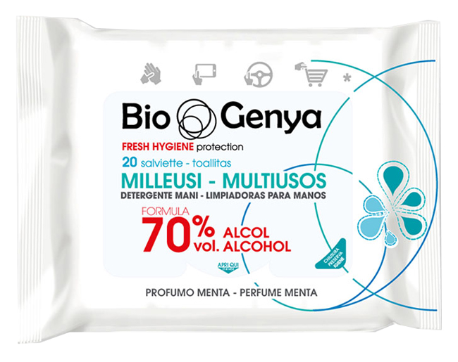 BIOGENYA MILLEUSI IGIENIZZANTI 70% ALCOOL SALVIETTE 20 PEZZI - FarmaLucia