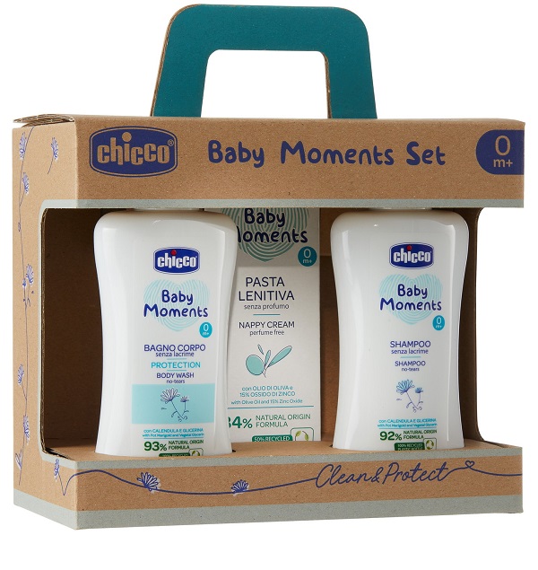 CHICCO BABY MOMENTS SET BAGNOCHIUMA PELLI DELICATE 200 ML + SHAMPOO PELLI DELICATE 200 ML + PASTA CAMBIO PELLI DELICATE 100 ML - FarmaLucia