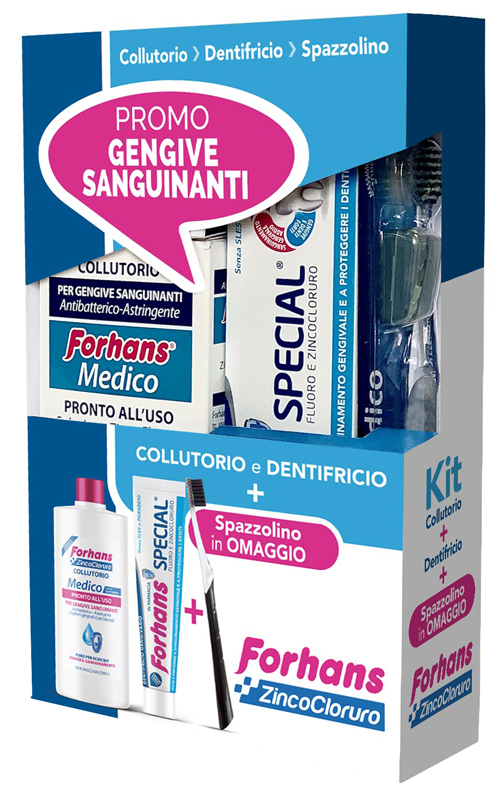 FORHANS KIT GENGIVE SANGUINANTI 1 FORHANS COLLUTORIO MEDICO 250 ML + 1 FORHANS DENTIFRICIO SPECIAL 75 ML + 1 FORHANS SPAZZOLINO MEDICO IN OMAGGIO - FarmaLucia