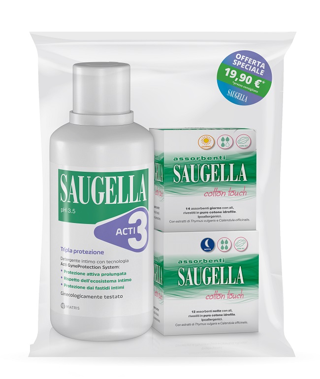 SAUGELLA ACTI3 DETERGENTE INTIMO + 2 SCATOLE ASSORBENTI GIORNO E NOTTE - FarmaLucia