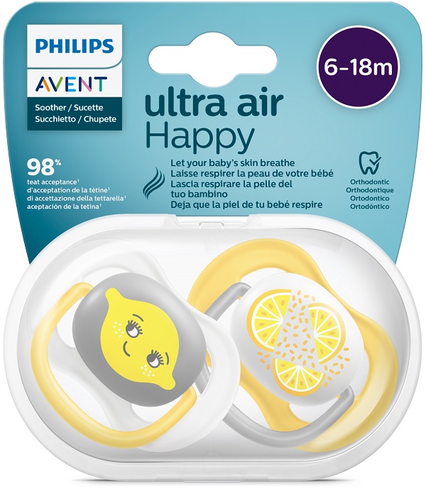 AVENT ULTRA AIR CIUCCIO ORTODONTICO 6-18 MESI NEUTRO/LIMONI 2 PEZZI - FarmaLucia